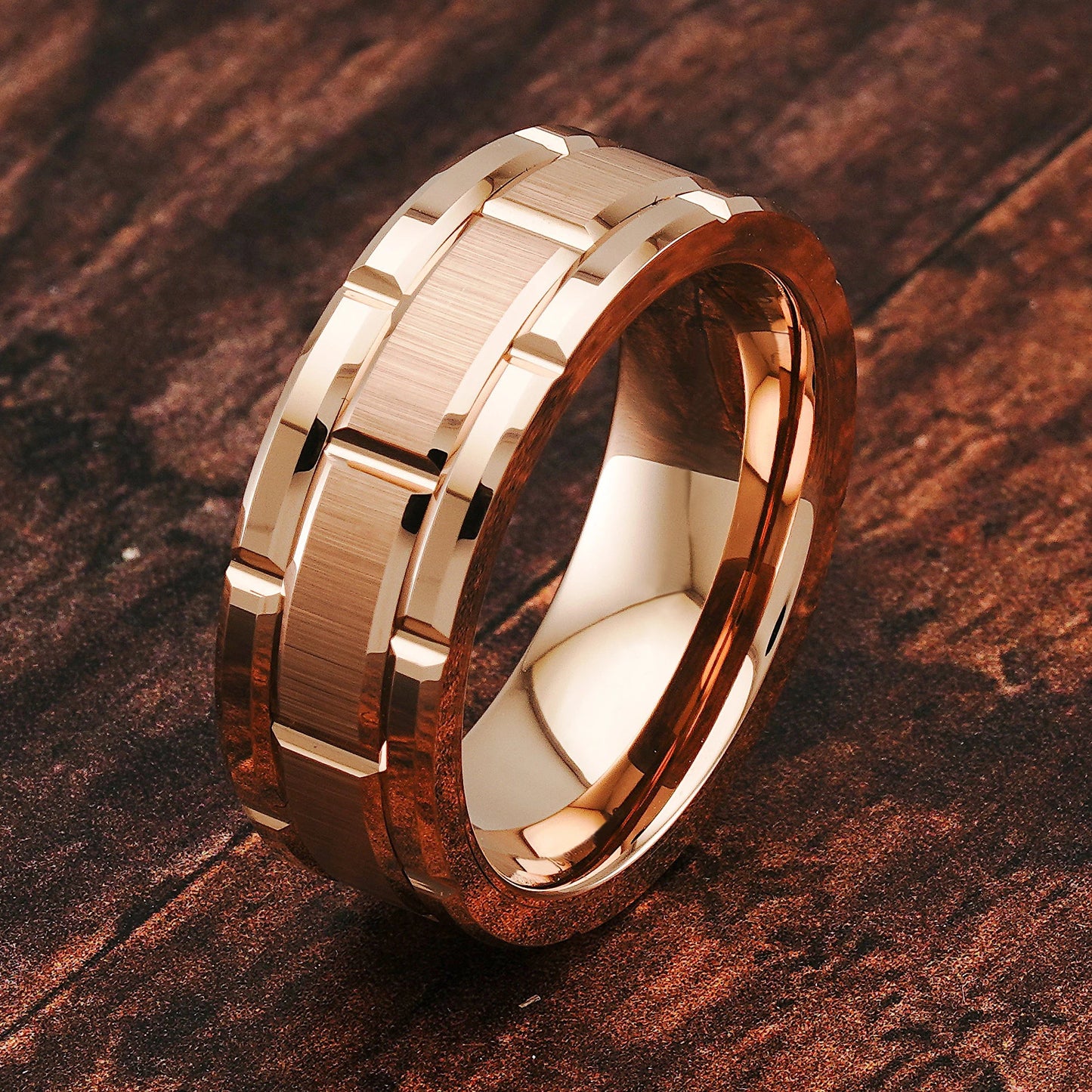 Fashion Men 8mm Rose Gold Color Stainless Steel Rings Double Groove Pattern Promise Rings For Men Wedding Jewelry Accessories