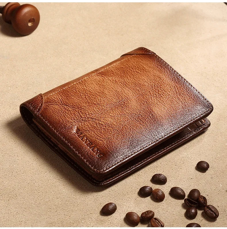 【Genuine Cow Leather / Gift Box】ManBang Luxury Men's Wallet RFID Short Trifold For Men with ID Window and Credit Card Holder