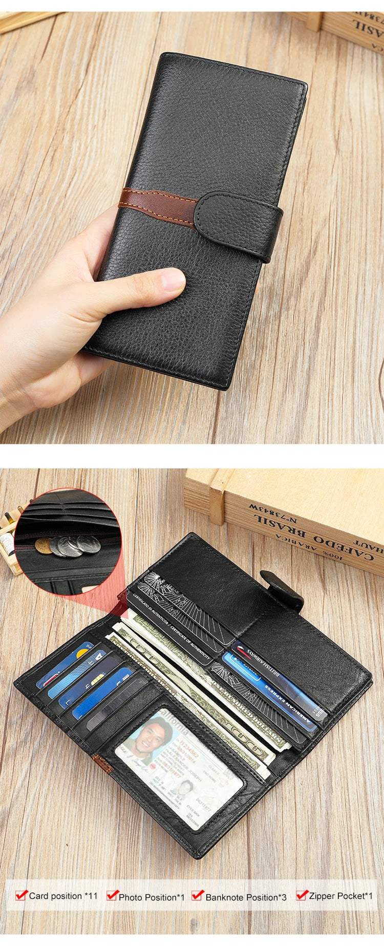 Business Leather Wallet for ID Porte Cartes Card Case Paper Money Photo Ticket Slots Passport Cover Snap Long Short Male Wallet