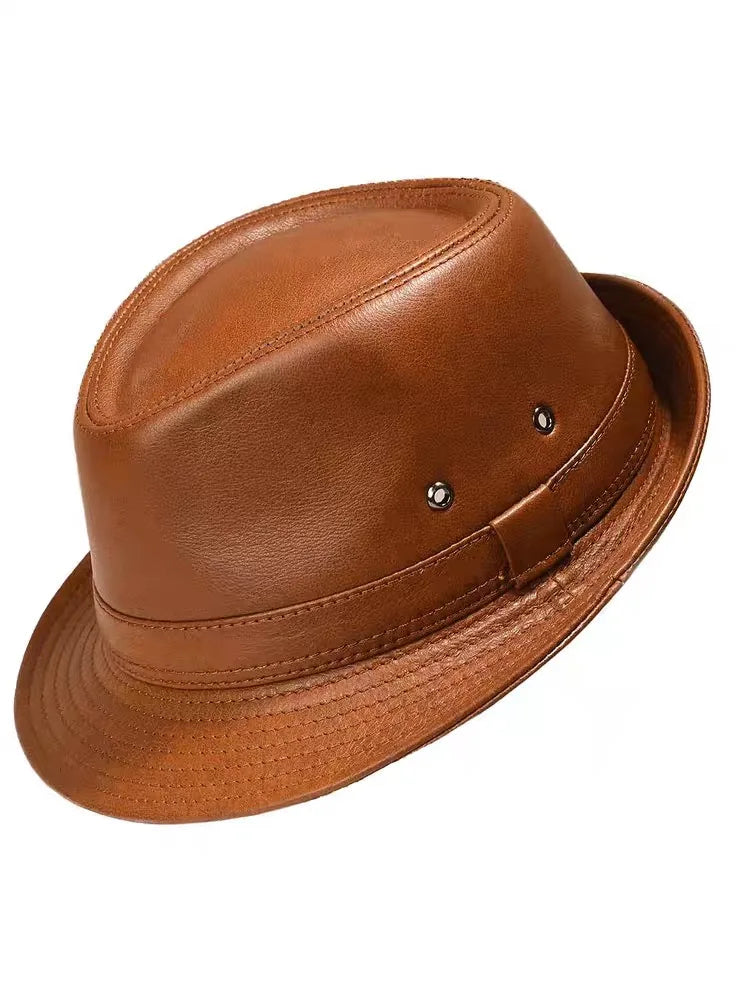 Genuine Leather Cowhide Formal Hat Gentleman Cowhide Short Brim Black/Brown Top Hat Male Shows Gentleman Air Vent Fedora