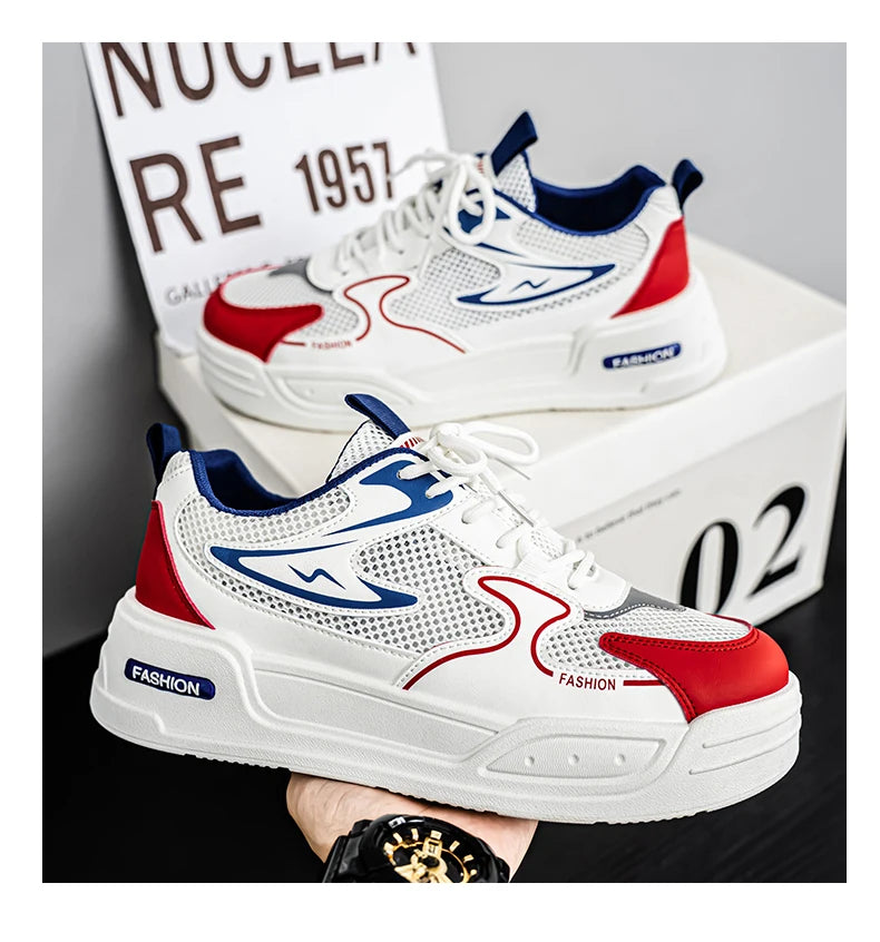 Men's Sneakers for Spring and Summer Are Breathable Fashionable Low-top Round-toe Lace-up and Color-blocked Sports Shoes