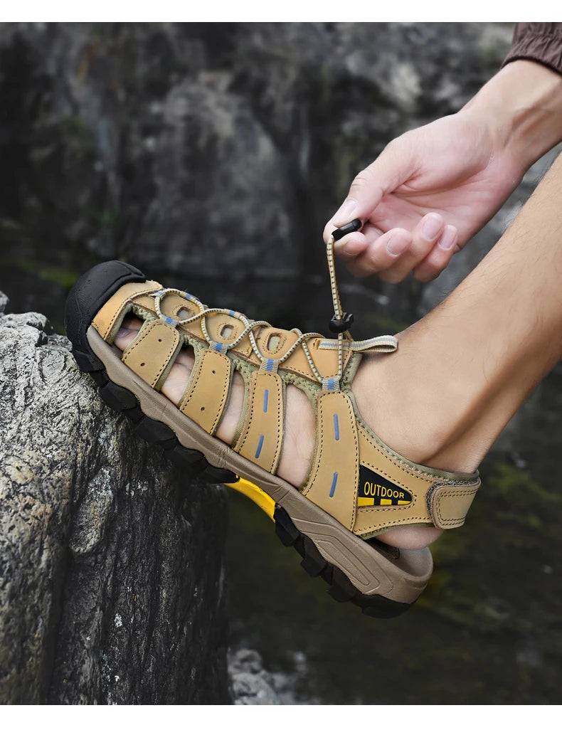 Summer Genuine Leather Men's Sandals Classic Breathable Slip-On Sandals Men Outdoor Casual Beach Sandals Sneakers Plus Size 46