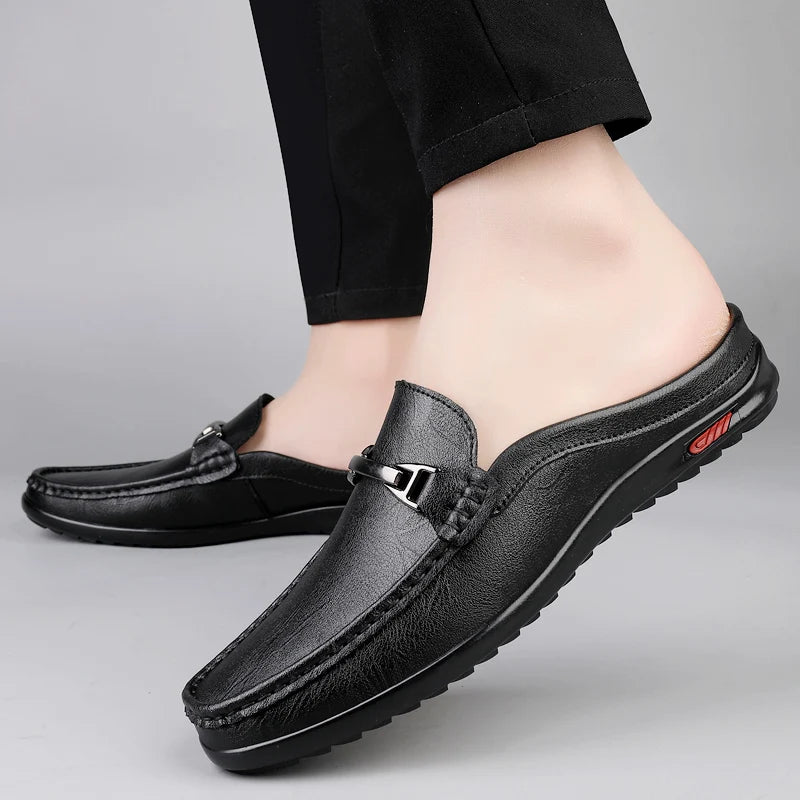 Men Casual Summer Shoes Hollow Out Men's Driving Shoes High Quality Male Business Shoes Half Slippers Genuine Leather Loafers