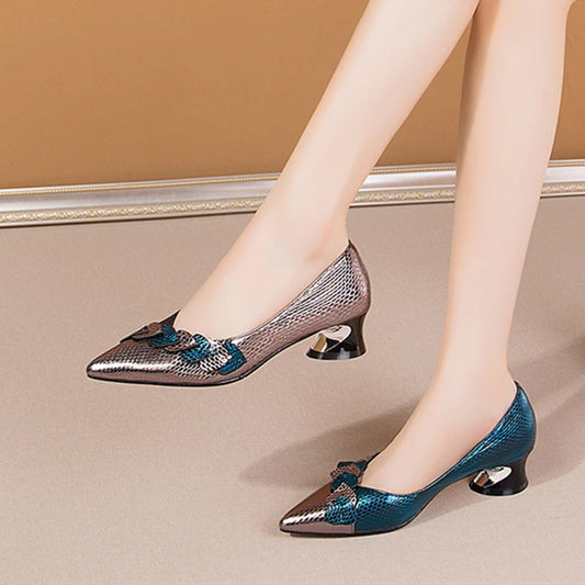 Women's Luxury Shoes Elegant Middle Heels Party PU Leather Pointed Pumps Ladies Wedding Shoes Bride Summer Work Soft Sole Autumn
