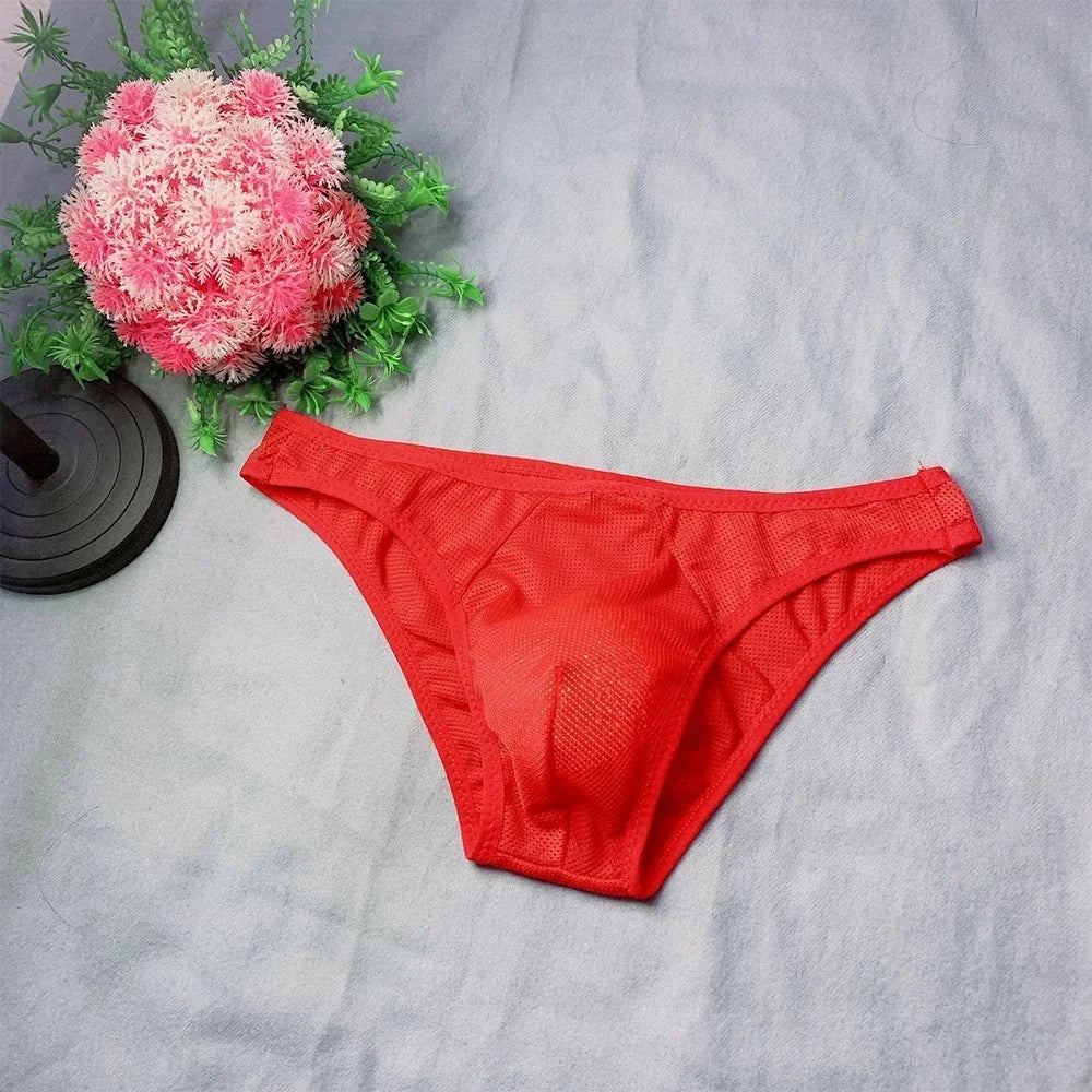 Men Sexy Briefs Sheer Mesh Underwear Low Waist See Through Pouch Underpants Cotton Breathable Solid Color Seamless Men's Panties