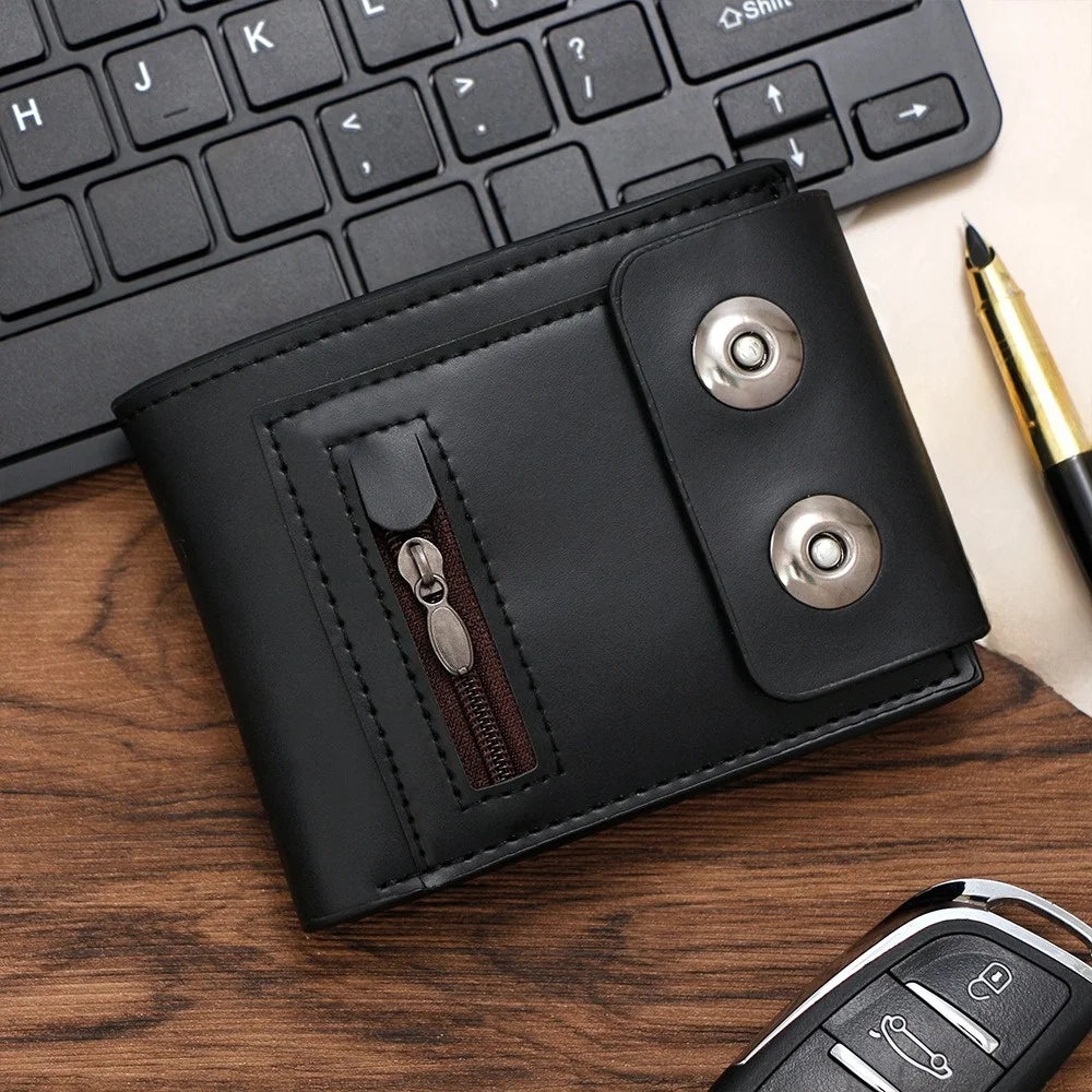Fashion PU Leather Men's Wallet Magnetic Buckle Solid Color Short Card Bag Large Capacity Anti-Theft Business Wallet Daily Use