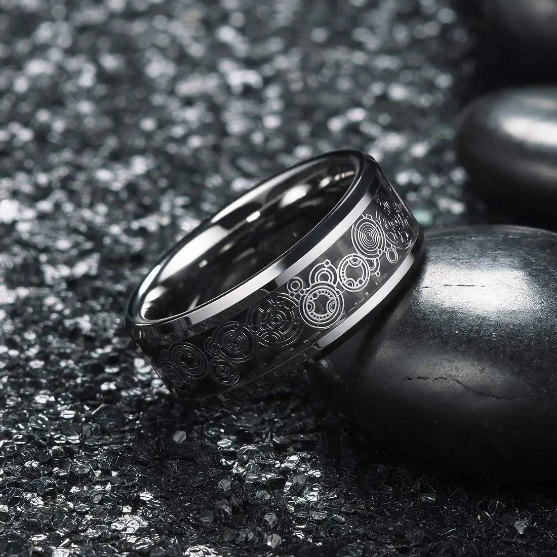 Fashion Men’s Silver Color Black Stainless Steel Ring Groove Multi-Faceted Ring For Men Women Engagement Ring Anniversary Gifts