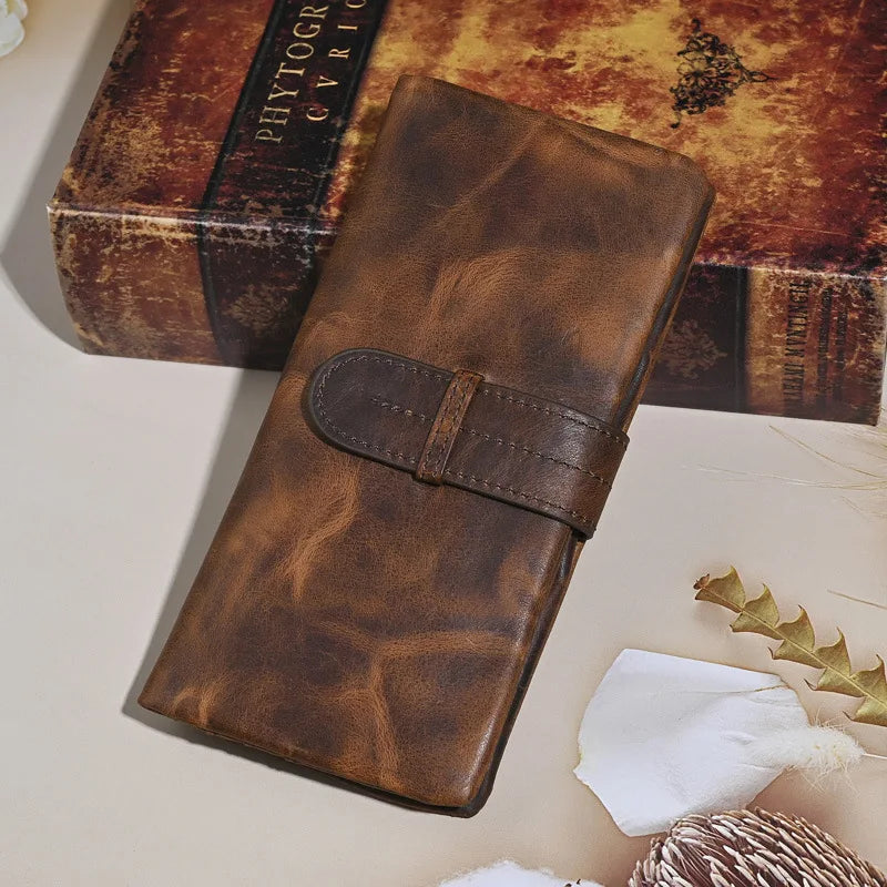 Vintage Genuine Leather Men's Long Wallet Real Cowhide Leather Long Purse Men Women Smooth Skin Leather Card Purse Anti Theft