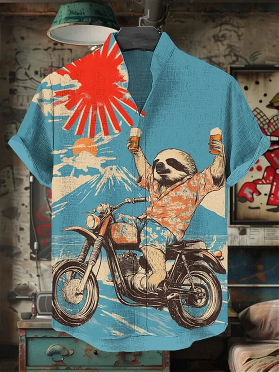 2026 New Japanese Style White Wolf Print Short-Sleeve Shirt for Men, Retro Trendy Anime Style Fashionable Cardigan Vacation Top