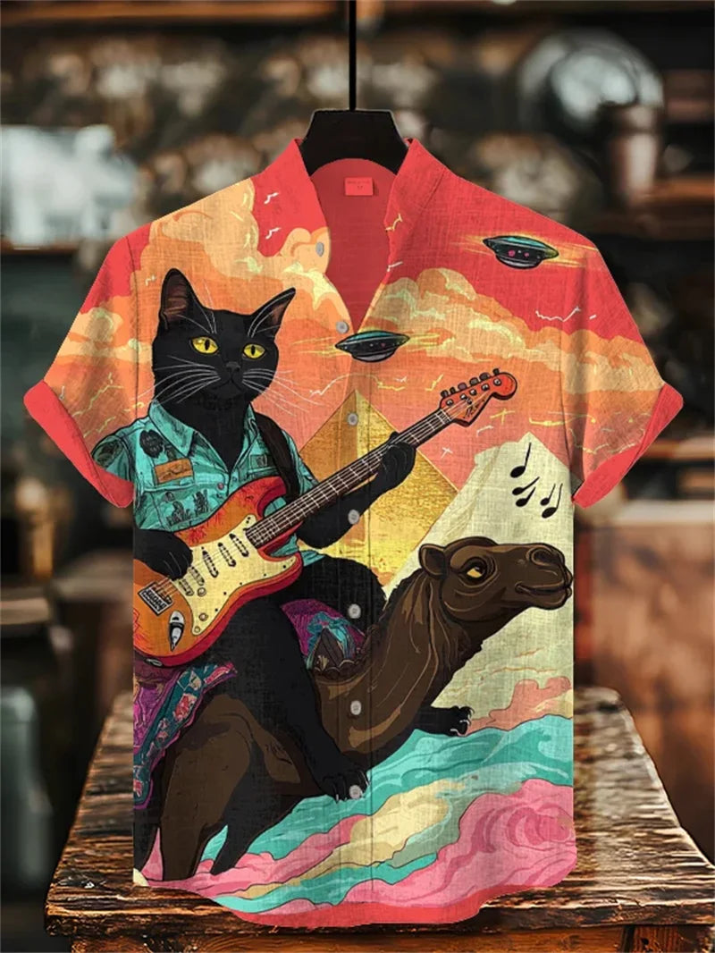New Men's Linen Black Cat Art Shirt 3D Printed Casual Hawaiian Shirt Summer Men's Short Sleeve Shirt Beach Top