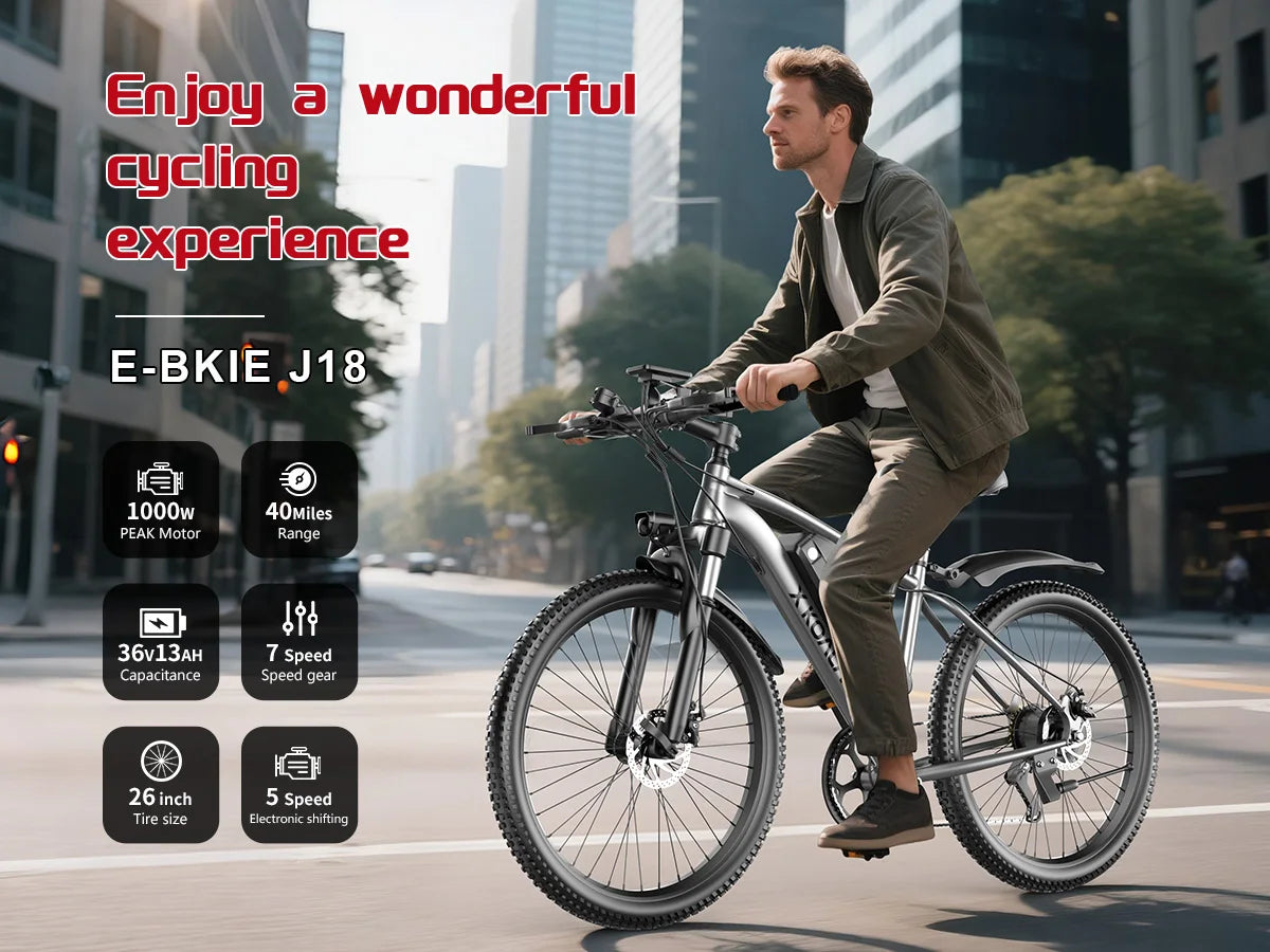 26'' Electric Bike for Adults 1000W Peak Motor 40 Miles 25MPH Commuter EBike 7 Speed Waterproof Pedal Assit Electric Mountain