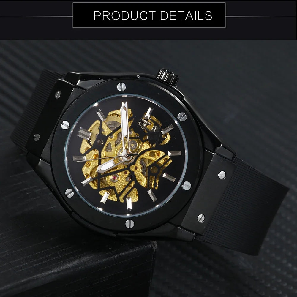 WINNER Automatic Mechanical Watch for Men Rubber Strap Skeleton Dial Male Clock Military Sports Style Wristwatch Dropshipping