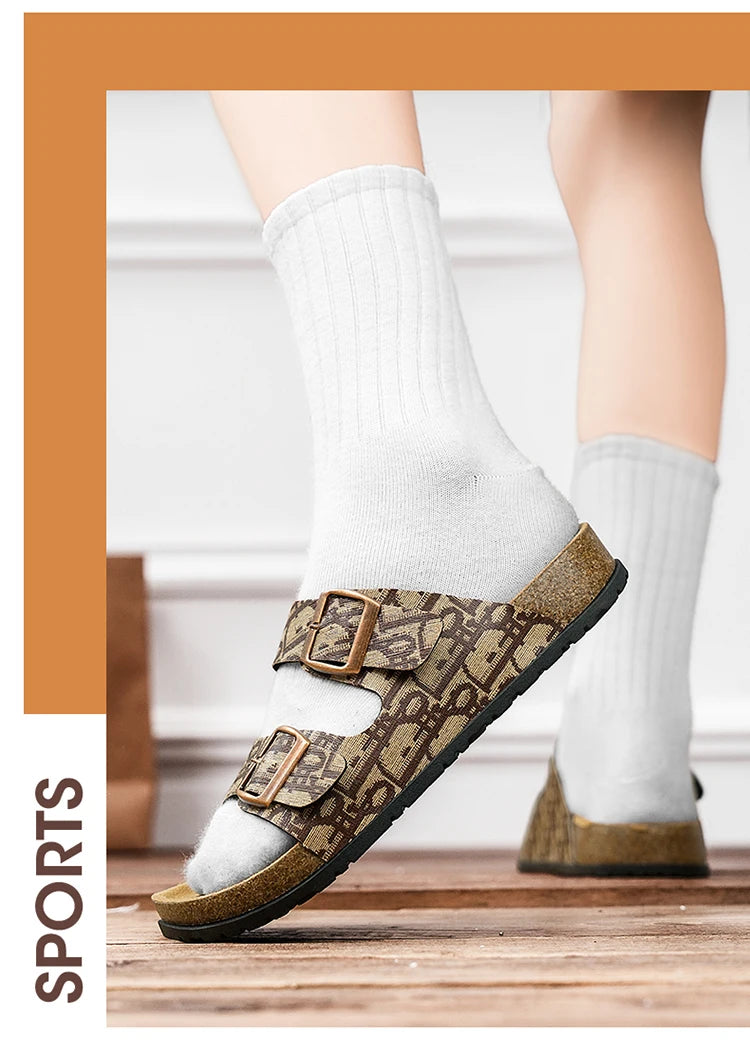 2025 Luxury Cork Slippers for Men Fashion Print Designer Slides Man Summer Mules Slippers Men Comfortable Brand Sandals Unisex