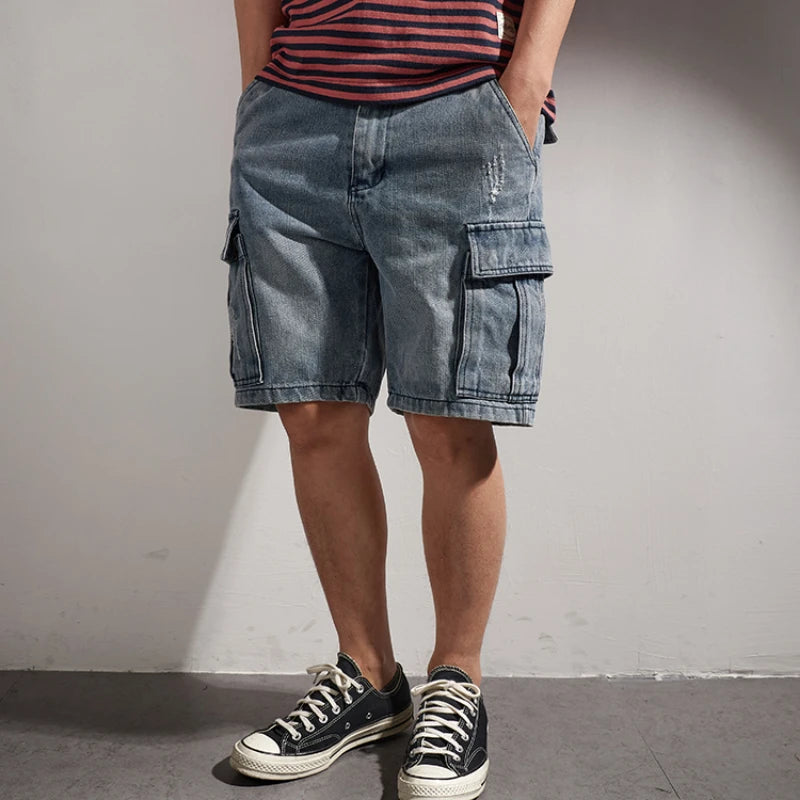 Shorts for denim men's tooling, cat's whiskers, straight pants, old retro pants, versatile multi-bag pants.
