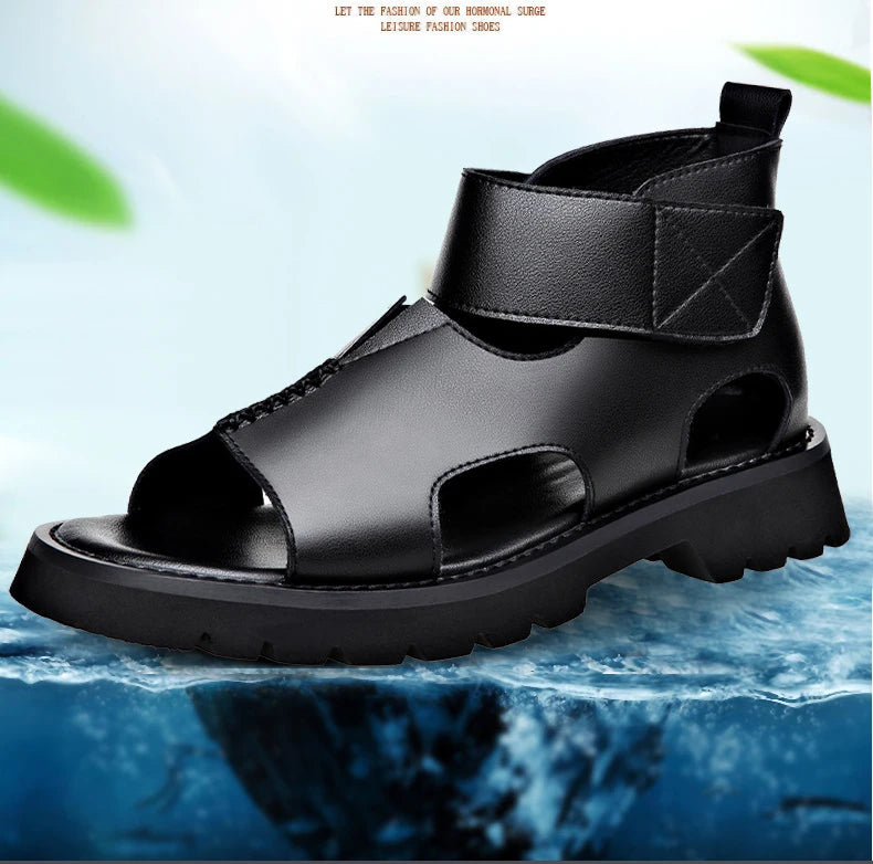 Cow Leather Sandals for Men 2025 Summer New Designer Big Size Increase Roman Beach Shoes Male Fashion Casual Black Sandals Man