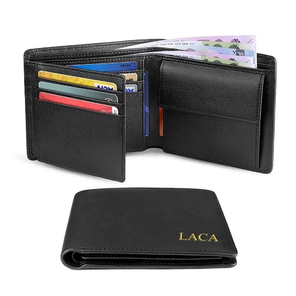 Customized name 100% genuine cowhide leather wallet, RFID barrier ultra-thin three-in-one men's wallet, anti-theft wallet