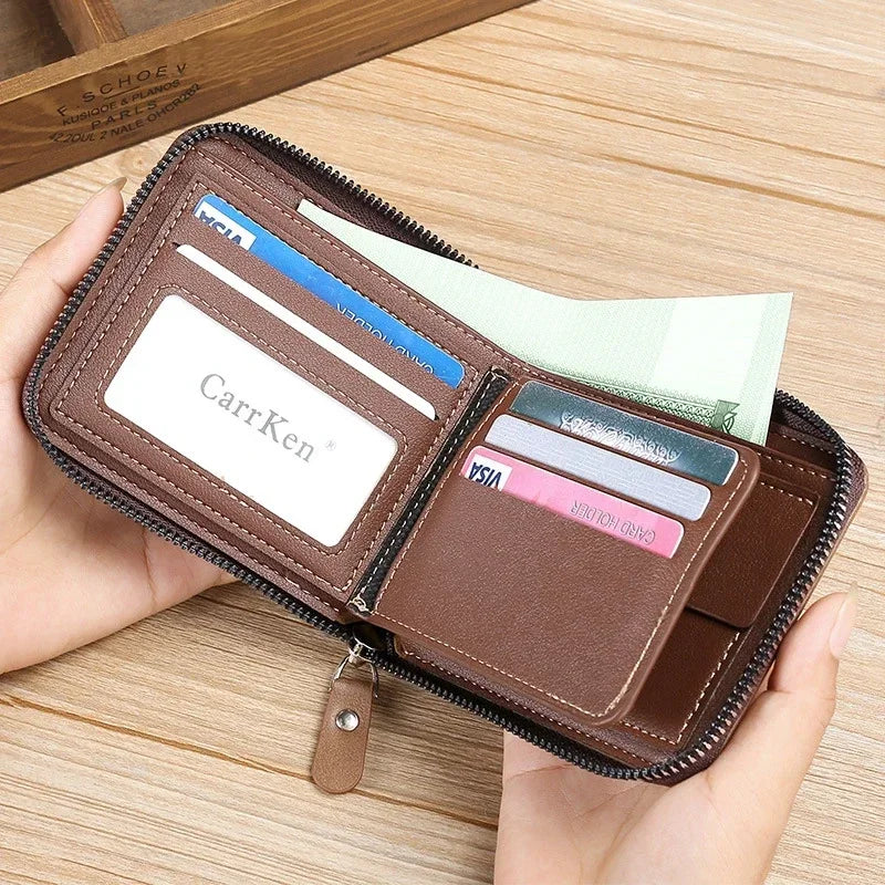 Men's Wallet Made of Leather Wax Oil Skin Purse for Men Coin Purse Short Male Card Holder Wallets Zipper Around Money Bag