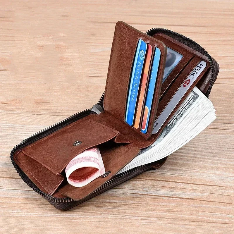Leather Men’s Wallet Luxury Mens Purse Male Zipper Card Holders with Coin Pocket Rfid Wallets Gifts for Men Money Bag
