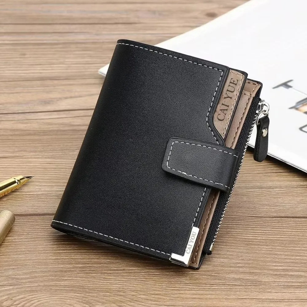 Luxury Short Men Tri- Fold Wallets PU Leather with Zipper Coin Purse Multifunctional Buckle Photo Card Holder Man Purses Wallet