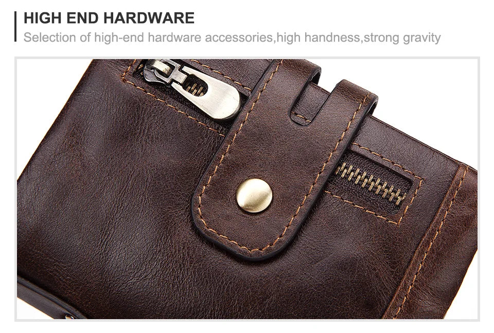 LAREET Fashion Genuine Leather Wallet With Cowhide For Men Money Card Holder Purse RFID Short Double Zipper Coin Pocket Bifold