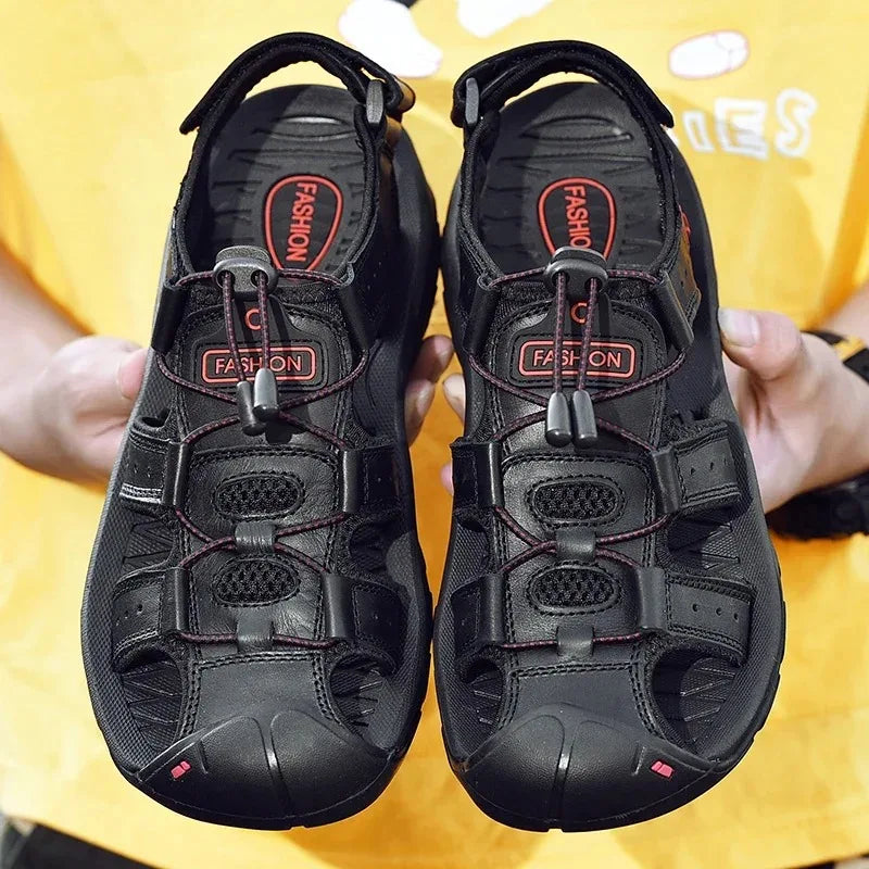 Big Size Men's Sandals Summer Anti-collision Outdoor Walking Treking Casual Shoes Leather Hiking Men Slippers Beach Wading Shoes