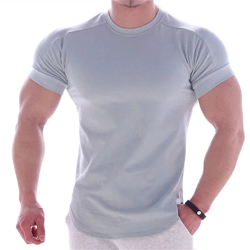 NEW Men Summer T Shirts High Elastic Slim Fit T shirt Men Quick-drying Curved Hem Mens T-Shirts Fitness casual Solid Color tops