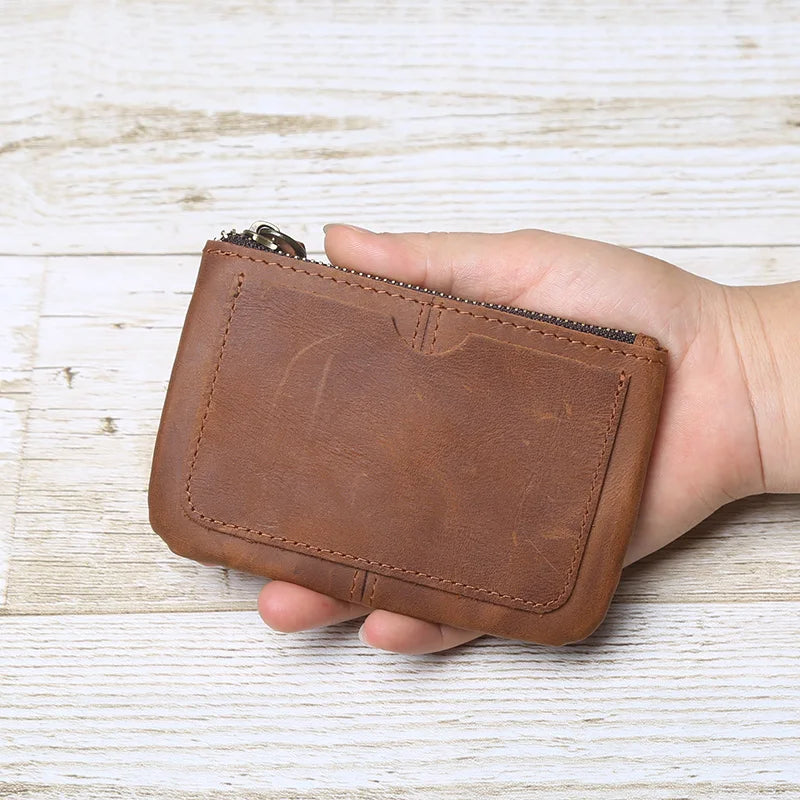 Hand-Made Leather Mini Wallet Man Retro First-Layer Cow Pickup Bag Change Purse Crazy Horse Leather Simple Driver's License Bag