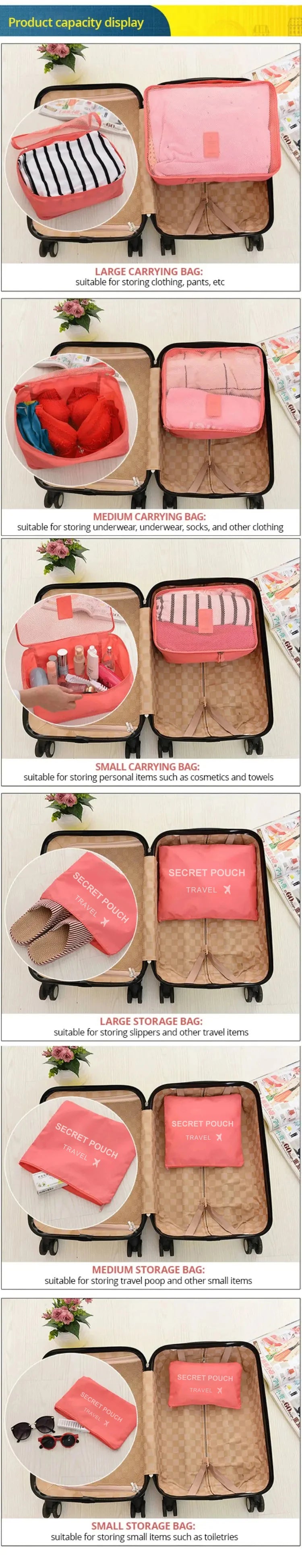 6pcs Travel Storage Bag Large Capacity Luggage Clothes Sorting Organizer Set Suitcase Pouch Case Shoes Packing Cube Bag