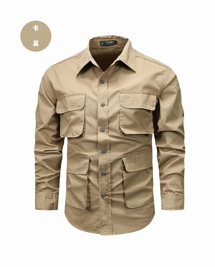 2025 new new men's long-sleeved shirt autumn and winter youth casual overalls fashion trend solid color shirt top