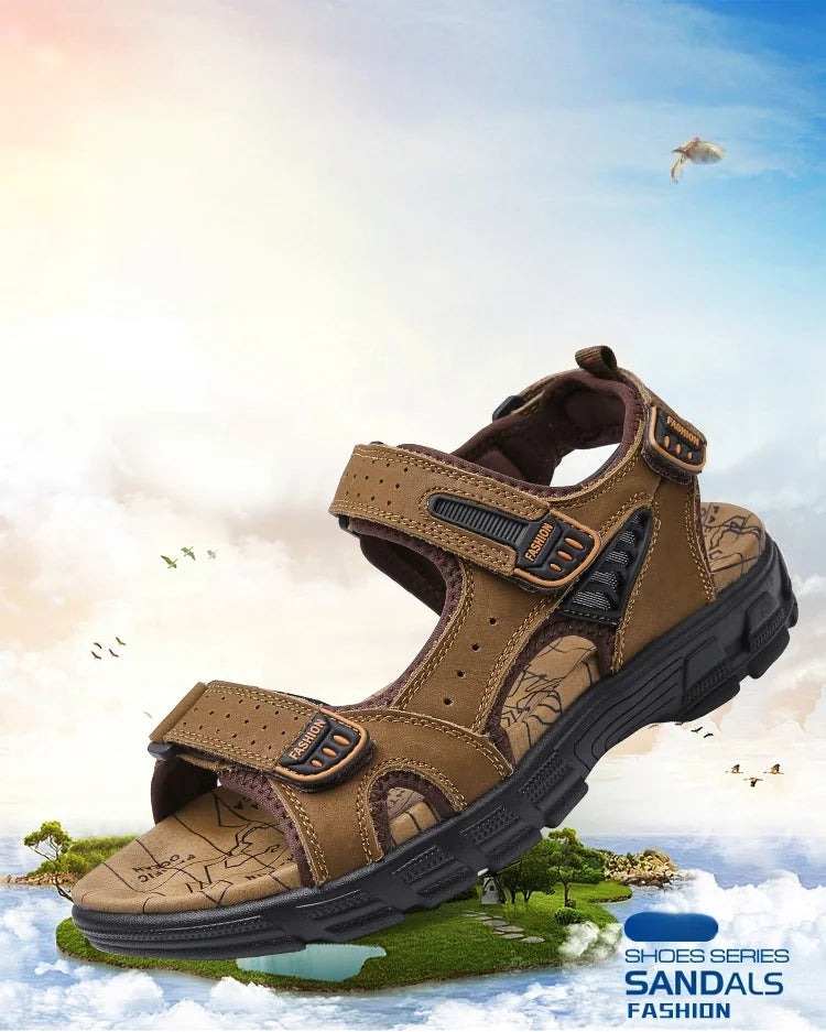 Men's shoes summer plus size shoes hollow soft bottom layer cowhide sandals casual sandals light outdoor beach shoes 38-46