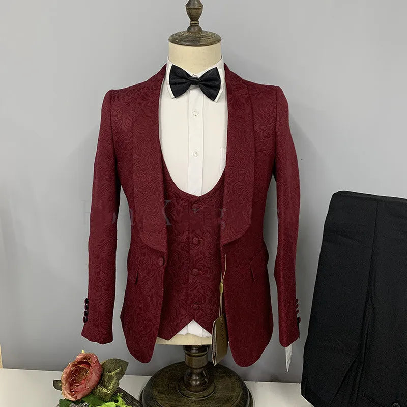 Hot Selling Men Suits Pattern and Black Groom Tuxedos Shawl Satin Lapel Groomsmen Wedding Best Man ( Jacket+Pants+Vest+Tie) C691