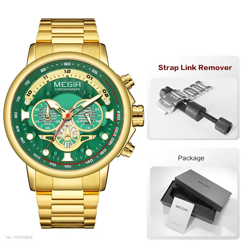 MEGIR Men's Watch Fashion Waterproof Chronograph Quartz Wristwatch with Auto Date Stainless Steel Strap Luminous Hands 24-hour