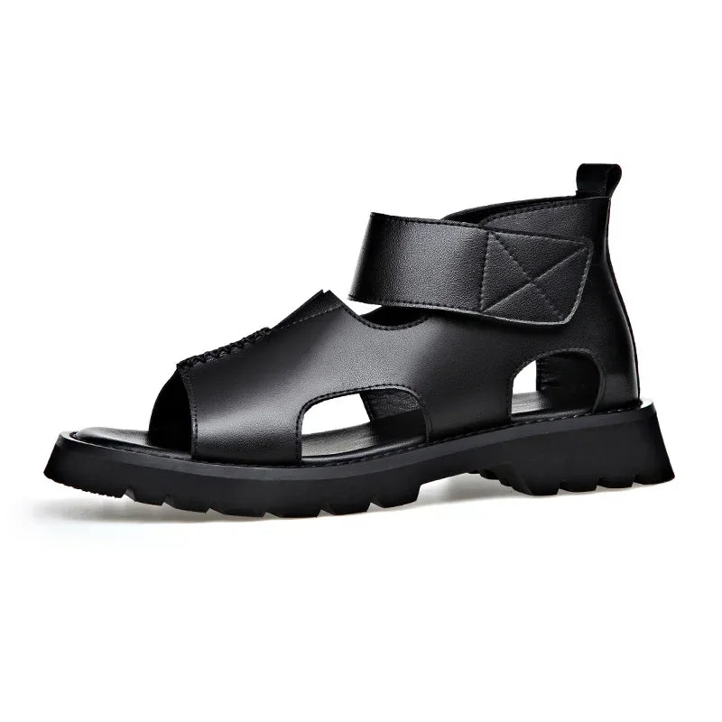 Cow Leather Sandals for Men 2025 Summer New Designer Big Size Increase Roman Beach Shoes Male Fashion Casual Black Sandals Man