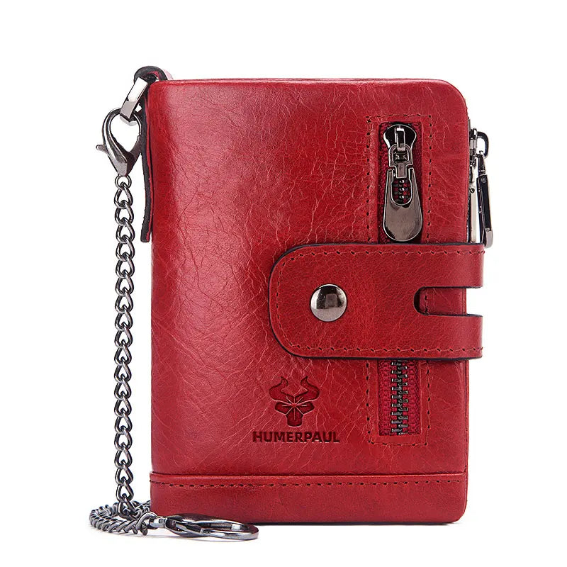 LAREET Fashion Genuine Leather Wallet With Cowhide For Men Money Card Holder Purse RFID Short Double Zipper Coin Pocket Bifold