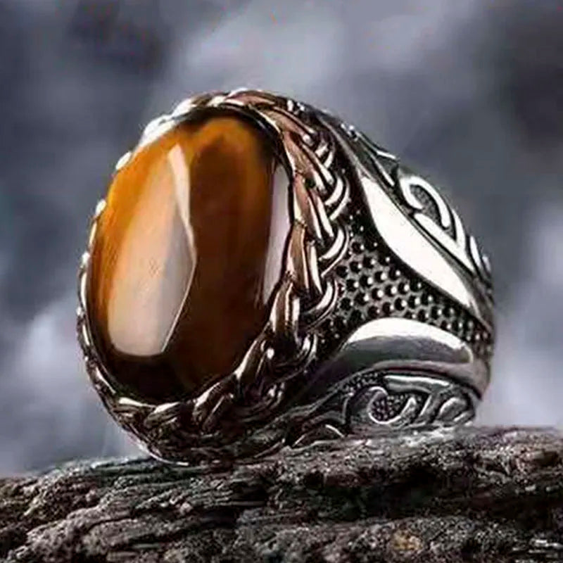 New Copper Material Open Adjustable Ring Amber Gemstone Personality High Jewelry Fashion Luxury Business Men's High-end Ring