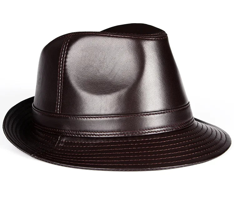 Real Leather Quality Genuine  Jazz Fedora Gentleman  SheepSkin Short Brim Black/Brown Hip Pop Fitted Top Hat Male Shows