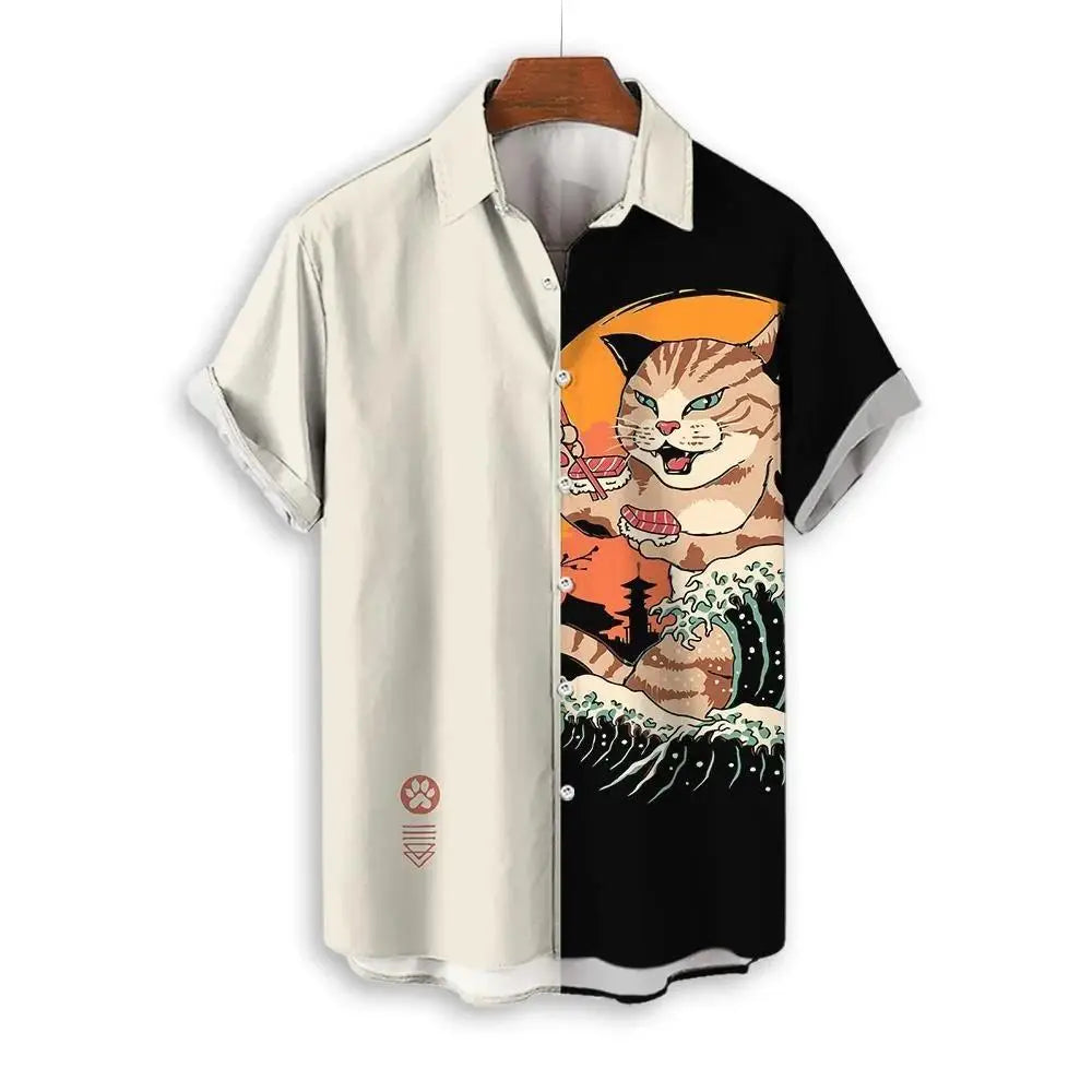 Fashion Men's Clothing Cool Samurai Cat Tops Summer New Men's Clothing Casual Short-Sleeved Anime Loose Blouse Hawaii Beaches