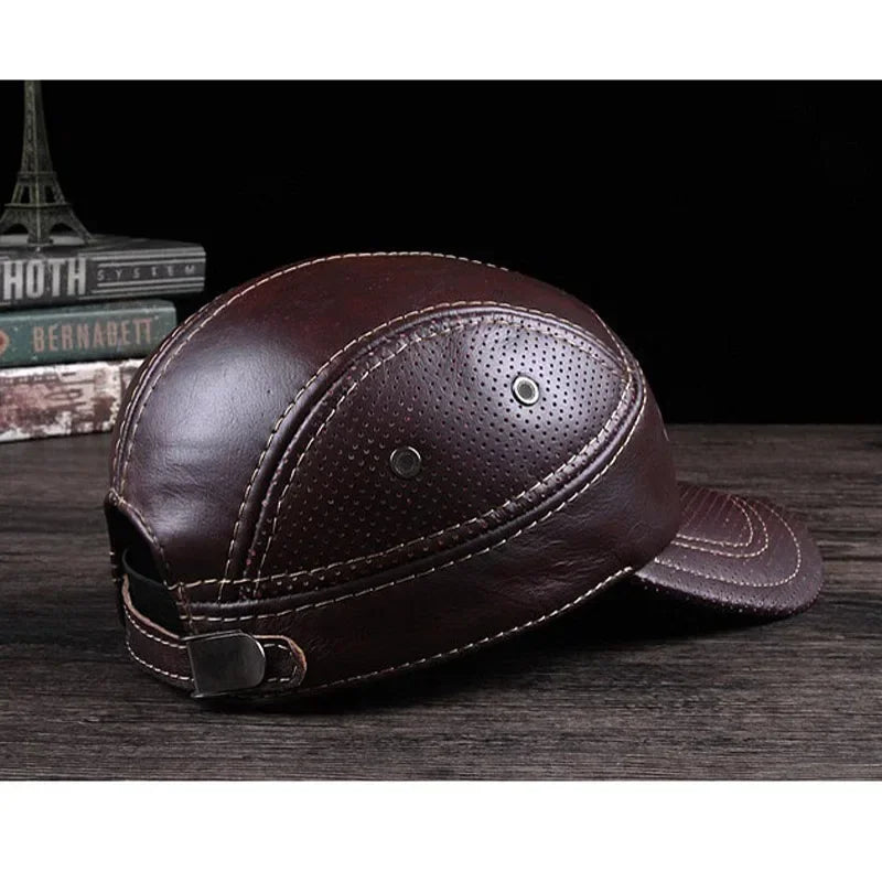 2025 Winter Man Genuine Leather Baseball Caps Male Casual Cowhide Belt Ear Warm 56-60 Adjustable Splice Flight Hats