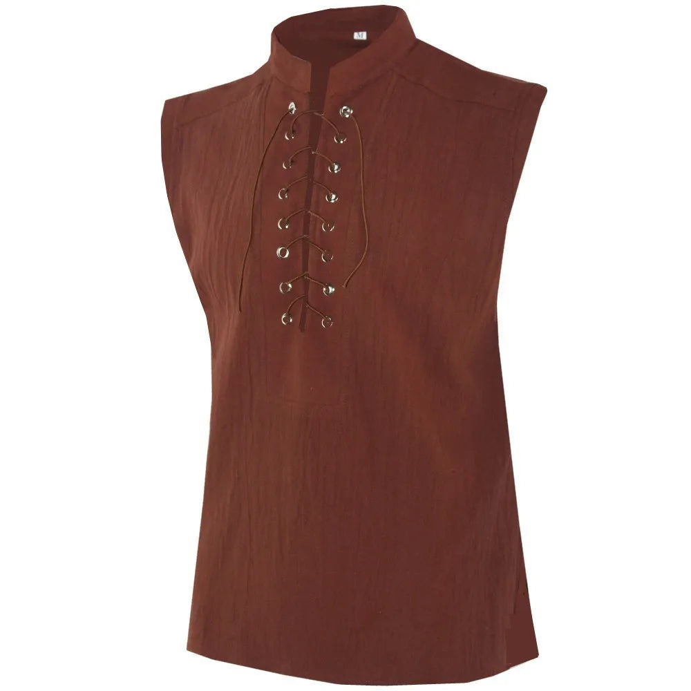 Men's Casual Shirt Black Green Steampunk Gothic Tank Tops Medieval Shirt Lace-Up Sleeveless Renaissance Pirate Shirts for Men