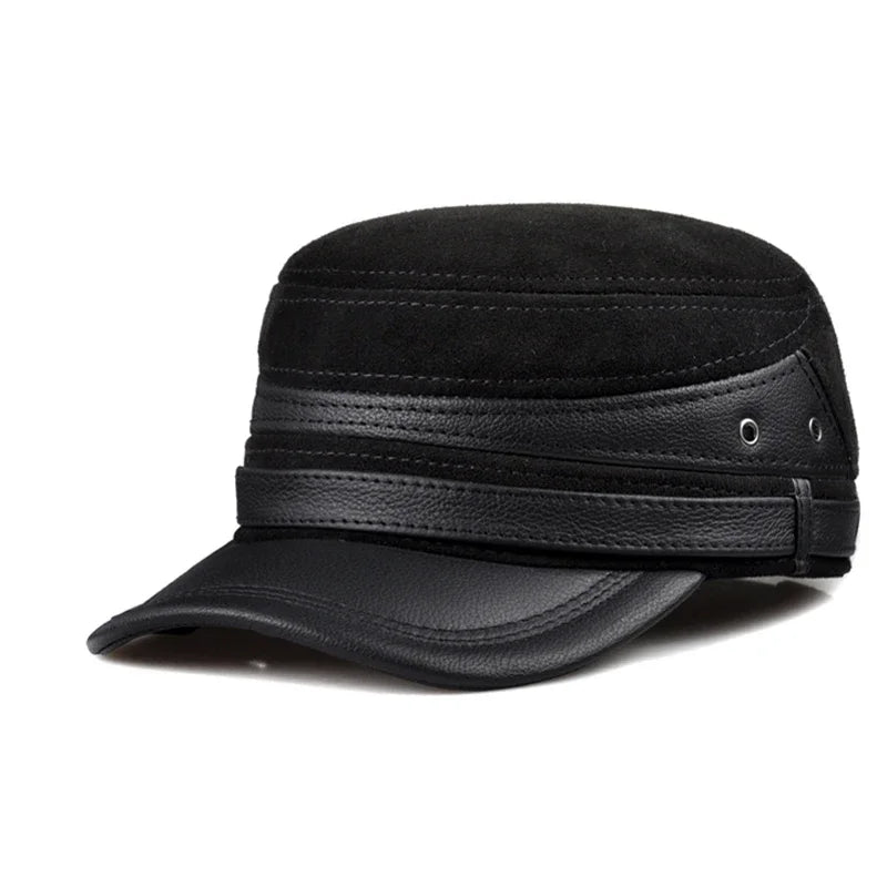 New 2024 Winter Men Genuine Leather Baseball Cap Earmuffs Flat Hat Male Keep Warm Leisure 57-60 cm Adjustable Gorro Cow Skin Cap