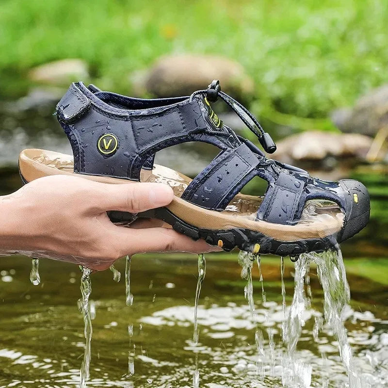 Big Size Men's Sandals Summer Anti-collision Outdoor Walking Treking Casual Shoes Leather Hiking Men Slippers Beach Wading Shoes