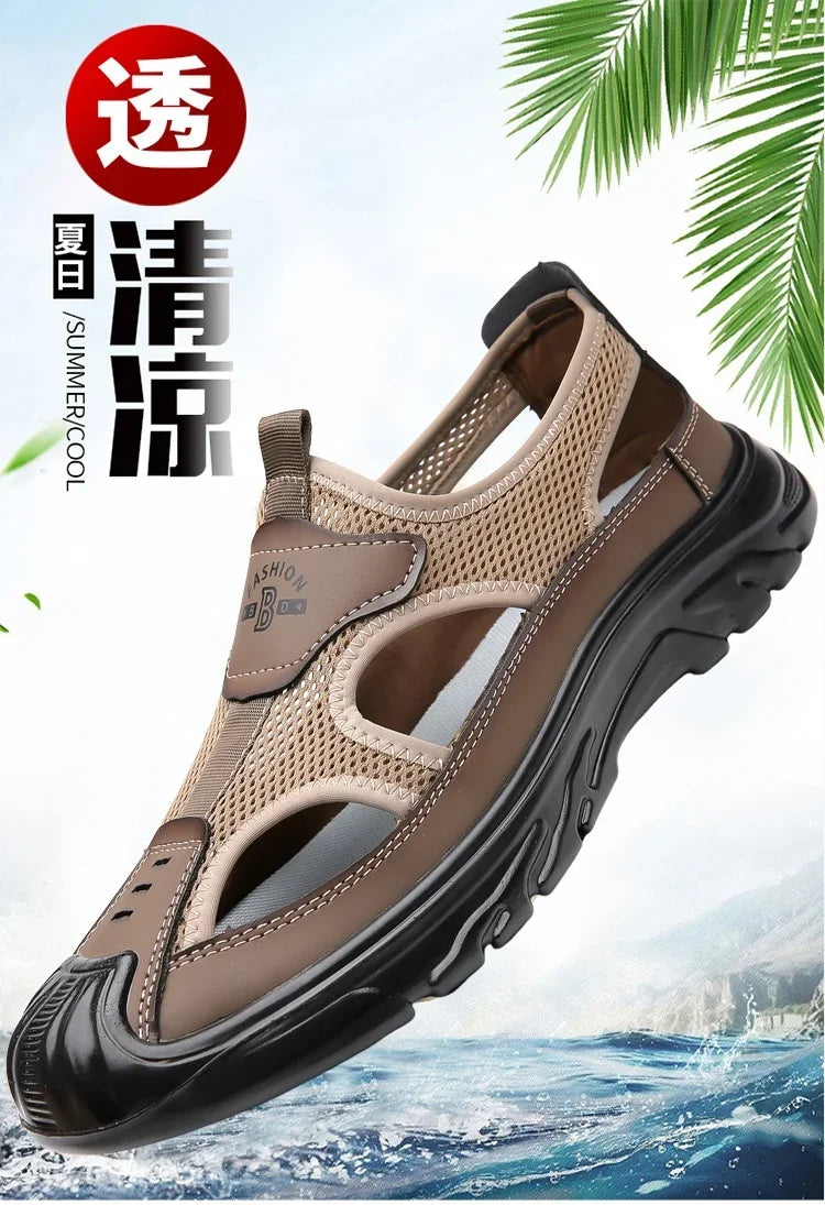 2025 Summer Beach Sandals for Men New Hollow Men's Sandals Outdoor Breathable Mens Bag Head Mesh Casual Shoes Zapatillas Hombre
