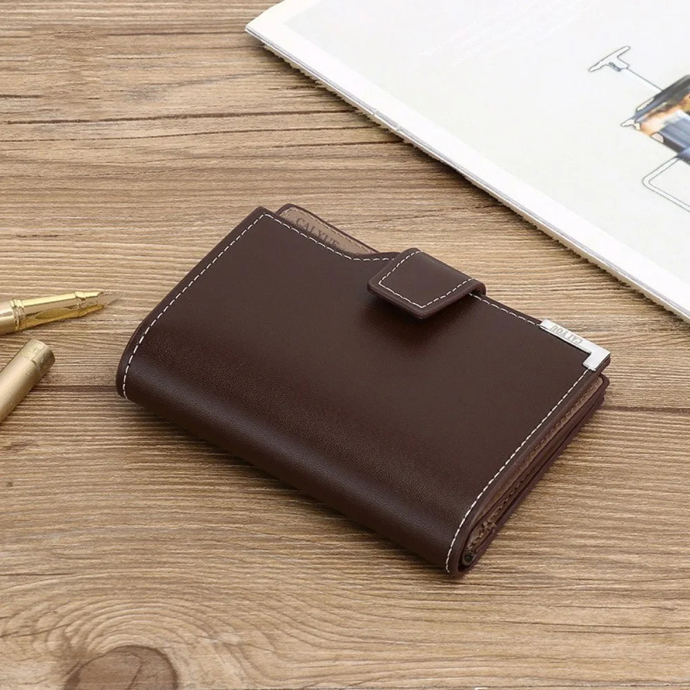 Luxury Short Men Tri- Fold Wallets PU Leather with Zipper Coin Purse Multifunctional Buckle Photo Card Holder Man Purses Wallet