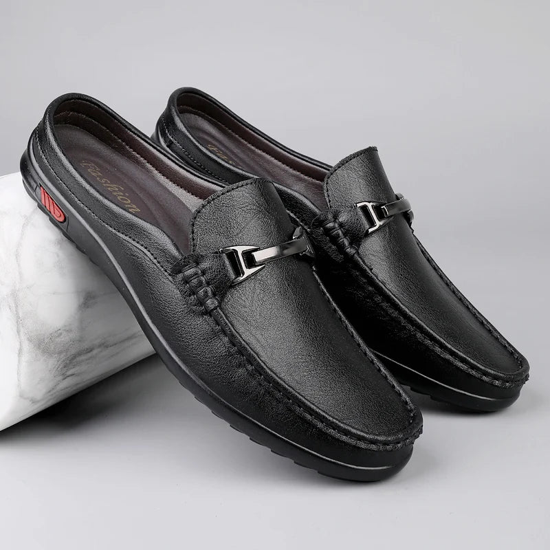 Men Casual Summer Shoes Hollow Out Men's Driving Shoes High Quality Male Business Shoes Half Slippers Genuine Leather Loafers