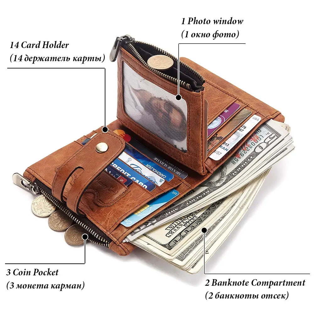 LAREET Fashion Genuine Leather Wallet With Cowhide For Men Money Card Holder Purse RFID Short Double Zipper Coin Pocket Bifold