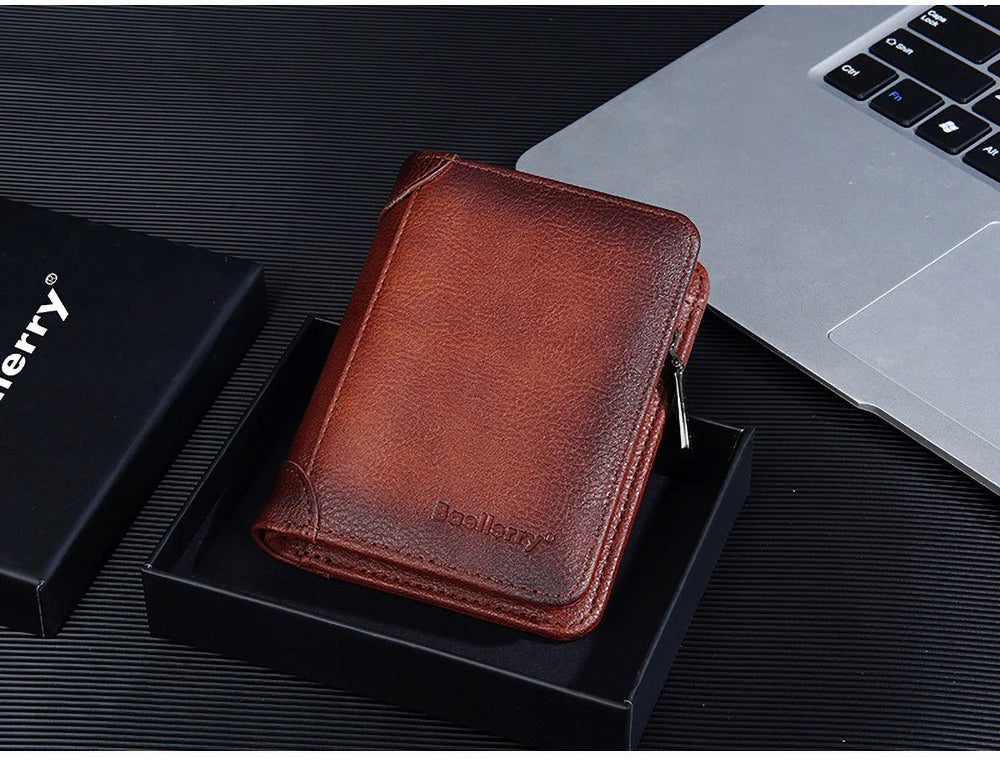 Vintage Leather Wallet for Men Baellerry RFiD Blocking Short Bifold Wallet with Zipper Closure and Coin Pocket Small Mens Purse