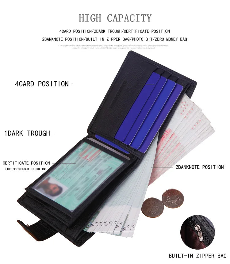 Genuine Leather Men Wallets Classic Free Engraving Name Zipper Purse Man Card Horder Famous Brand Quality Male Wallet For Boy