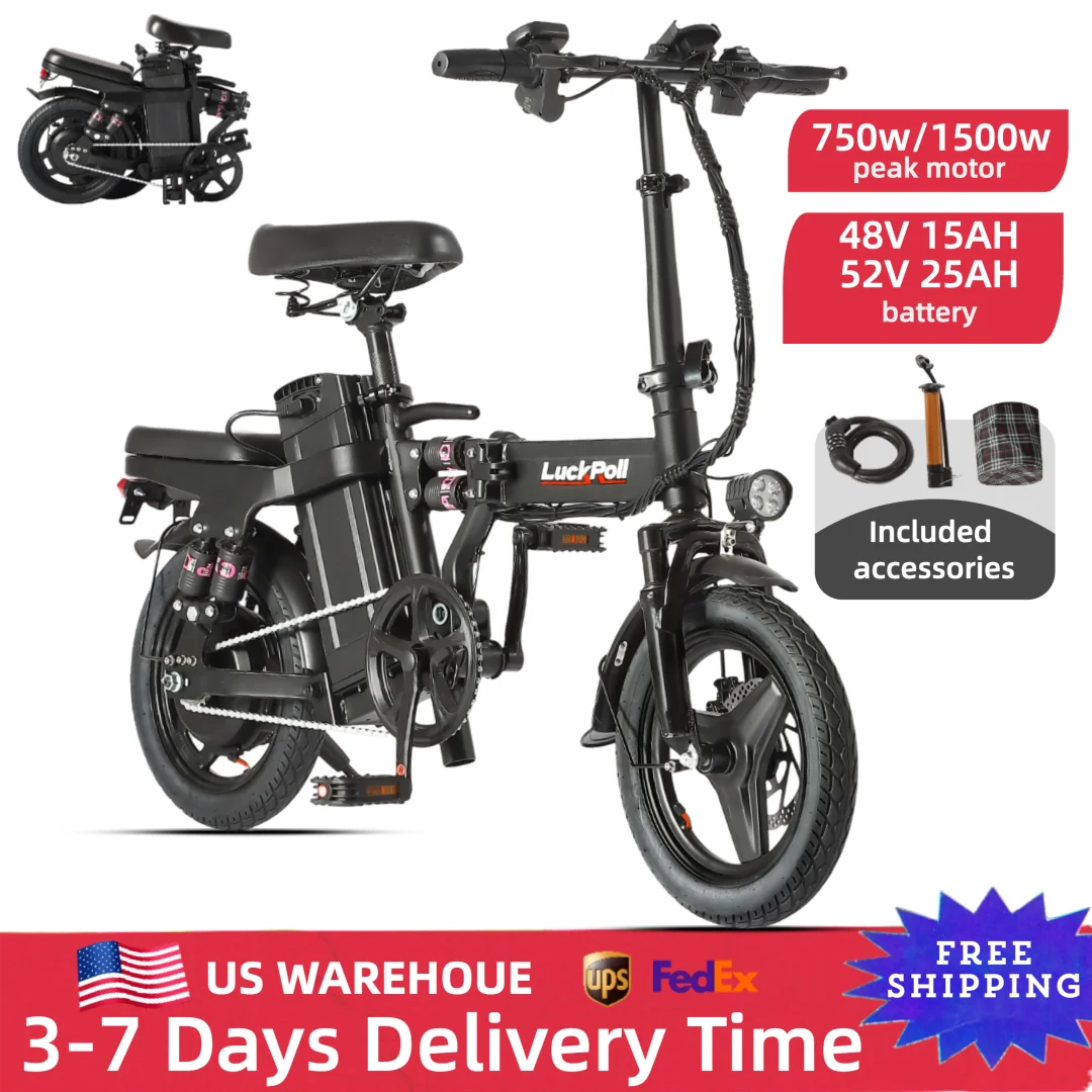 750W/1500w Adult Electric Bike, 20 MPH, 48V 10.4Ah/52V 25Ah Removable Battery, 14 Inch Folding Electric Bike, Dual Disc Brake