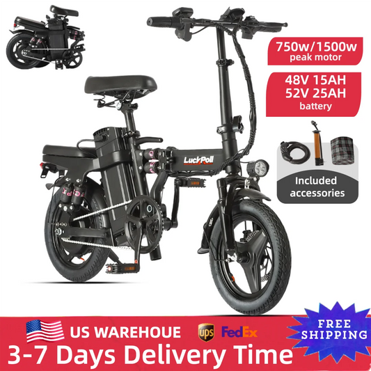 750W/1500w Adult Electric Bike, 20 MPH, 48V 10.4Ah/52V 25Ah Removable Battery, 14 Inch Folding Electric Bike, Dual Disc Brake