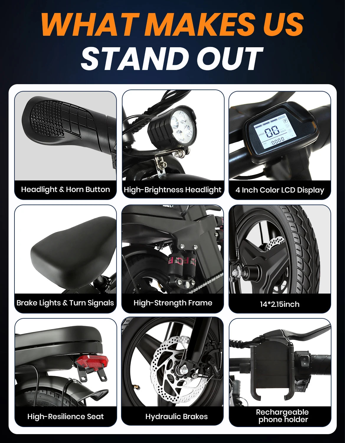 750W/1500w Adult Electric Bike, 20 MPH, 48V 10.4Ah/52V 25Ah Removable Battery, 14 Inch Folding Electric Bike, Dual Disc Brake